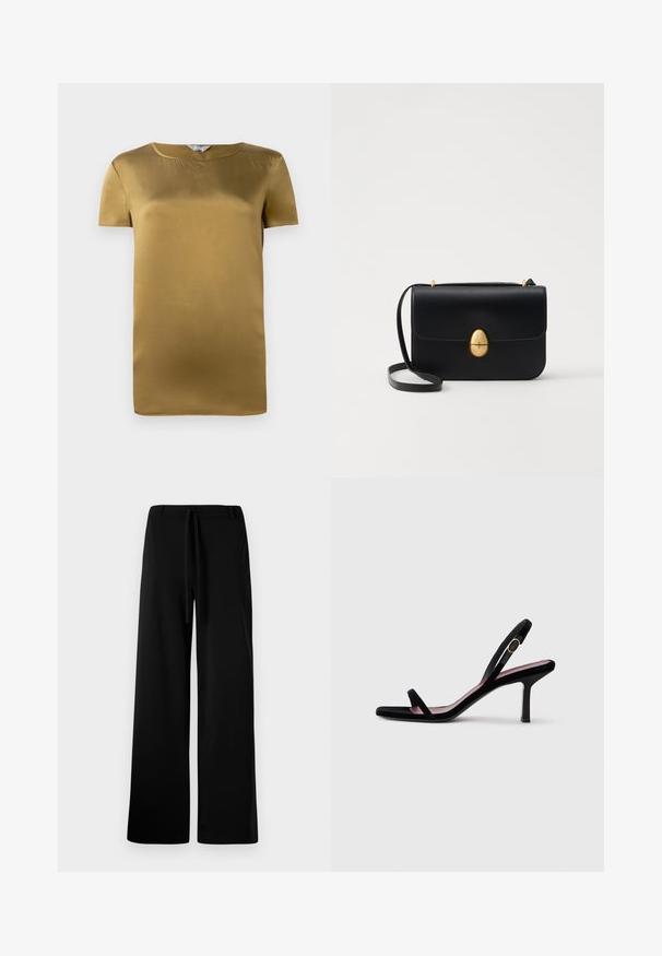 Krátky rukáv top v olivovozelenej saténovej farbe, s okrúhlym výstrihom a hladkou textúrou. Jednoduchý dizajn so strihom bez ozdôb.; Široké čierne nohavice z mäkkej látky, s viazaním v páse, hladkým povrchom a bez viditeľných vreciek alebo vzorov.; Čierne semišové dámske sandále na vysokom opätku s tenkými popruhmi a zlatou prackou na bielom pozadí, bočný pohľad.; Čierna kožená kabelka so štruktúrovaným obdĺžnikovým tvarom. Obsahuje zlaté oválne zapínanie a tenký ramenný popruh. Hladká textura.