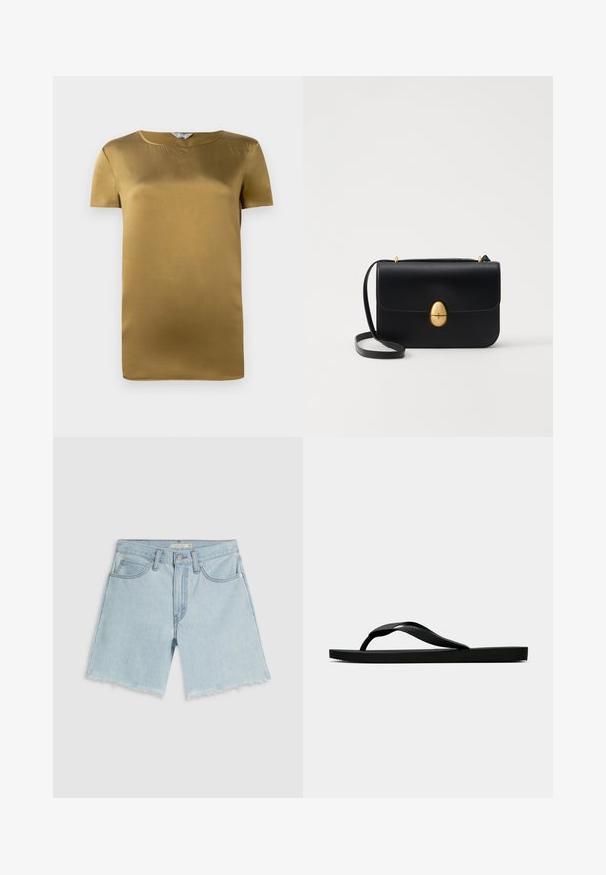 Olívazöld szatén rövidujjú felső, kerek nyakkivágással és sima textúrával. Egyszerű tervezés, egyenes szabás, díszítések nélkül.; Világoskék farmer rövidnadrág rojtos szegéllyel, négy zsebbel és cipzáras elejjel; enyhe kifakult hatással és ezüst színű díszítéssel.; Fekete gumipapucs, textúrált pánttal és egyszerű lapos talppal, oldalnézetből, világos háttér előtt.; Fekete bőr kézitáska, struktúrált, téglalap alakú formával. Arany ovális kapoccsal és vékony vállpánttal rendelkezik. Sima textúrájú.