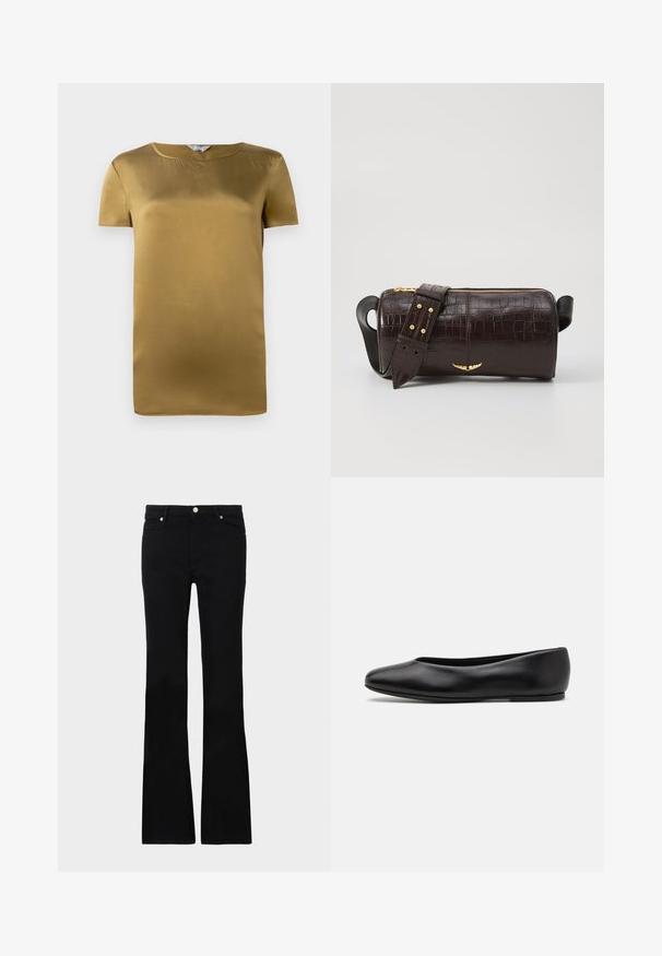 Blusa de manga curta em seda cor verde olivina, com decote redondo e uma textura suave. Design simples com corte reto e sem adornos.; Calças pretas de ganga em corte flare, com dois bolsos frontais, fecho com botão e uma textura suave. Costura característica visível nas costuras.; Paul Smith TOPANGA - Sabrinas - black; Bolsa de couro com textura de crocodilo na cor marrom, com forma cilíndrica, metalizações em tom dourado e uma alça destacável com tachas.