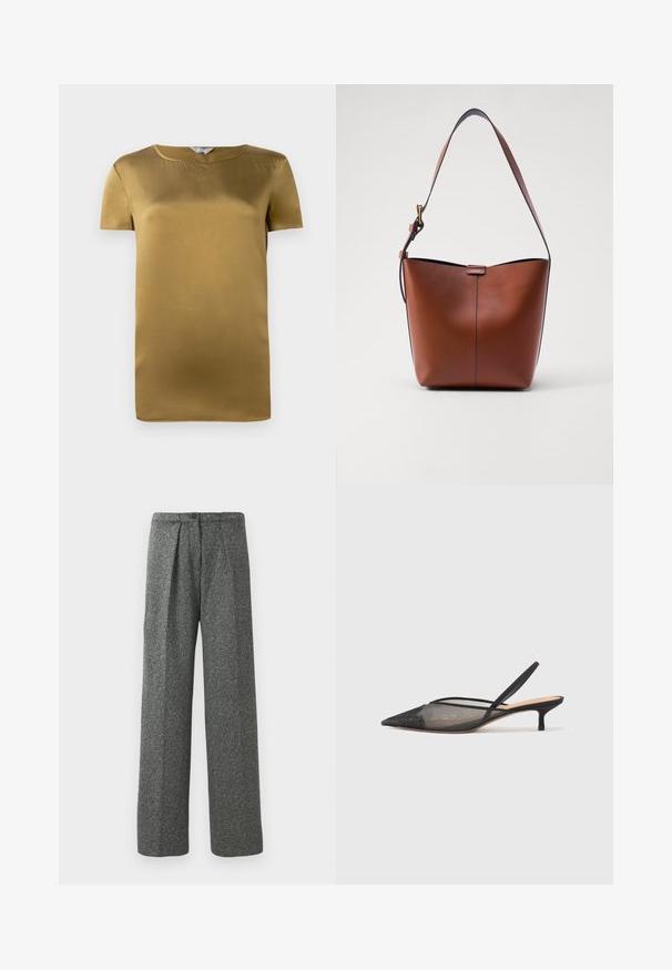 Olive roheline satiinist lühikeste varrukatega särk, kus on ümar kaelus ja sile tekstuur. Lihtne disain otse lõikega ja ilma kaunistusteta.; Hallide kõrge vöökoht, laiad püksid, ees volditud, nööbiga sulgemine ja tekstureeritud kangasviimistlus.; NEOUS IRENA - Klassikalised kontsakingad - black; Pruun nahast õlakott, millel on kaarjas kuju, sile tekstuur ja üks õhuke rihm. Omab peent õmblust ja väikest logo detaili.