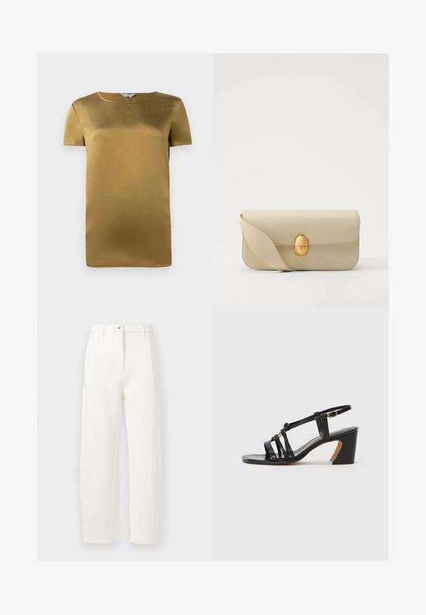 Olívazöld szatén rövidujjú felső, kerek nyakkivágással és sima textúrával. Egyszerű tervezés, egyenes szabás, díszítések nélkül.; Fehér, egyenes szabású, elöl hajtott, cipzáras és gombos záródású nadrág, oldalsó zsebekkel. Simaságával és matt felületével kiemelkedő anyag.; Paul Smith AMIRA - Klasszikus sarkú cipők - black; Beige bőrtáska sima textúrával, téglalap alakban, arany ovális zárral. Hosszú, állítható pánttal rendelkezik.