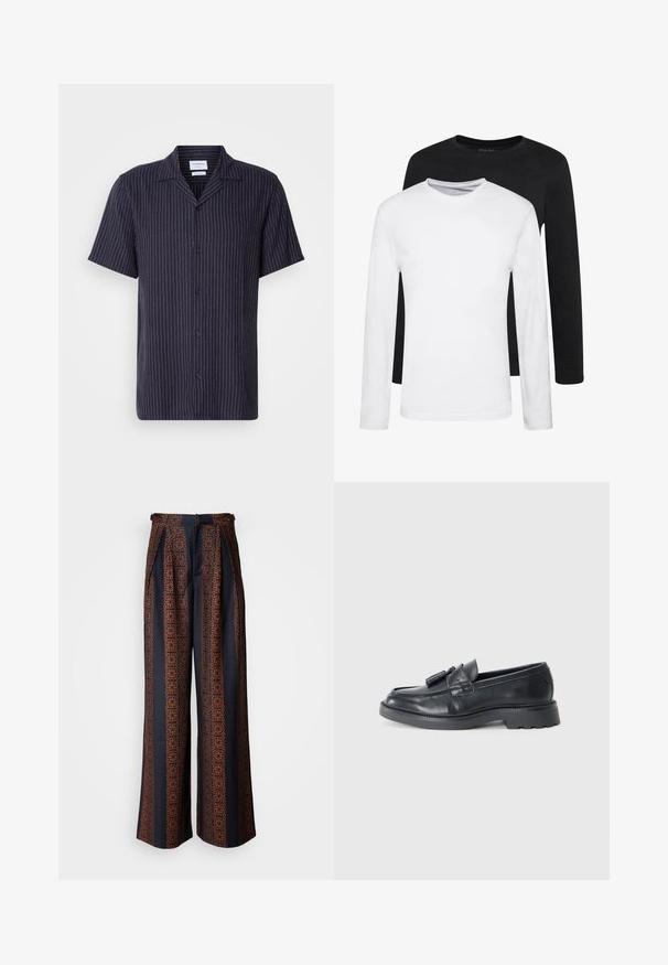 Camisa de manga curta azul marinho com riscas verticais brancas, colarinho clássico e botões à frente; apresenta um corte descontraído e tecido leve.; Duas camisas de mangas longas, uma preta e uma branca, feitas de algodão, com decote redondo e uma textura suave, expostas em uma disposição empilhada.; Calças largas em tecido azul-escuro com um intrincado padrão geométrico laranja, apresentando frente plissada e uma cintura ajustada.; Mocassins de couro preto com ponta arredondada, uma tira com franjas e uma sola robusta com um padrão de rasto. Textura suave e design clássico.