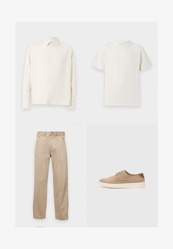 Světle béžová dlouhá košile s dlouhými rukávy vyrobená z texturované tkaniny. Má límec a opatření předního uzávěru na knoflíky s rovnými lemy.; Biela krátka tričko s krátkym rukávom so žebrovanou textúrou. Okrúhly výstrih, uvoľnený strih, žiadne viditeľné vzory ani akcenty. Jednoduchý a všestranný dizajn.; Bežové denimové rifle so strihom rovného nohu, s prednými vreckami, kovovým zapínaním na gombík a jemnou textúrou.; Béžové semišové tenisky s okrúhlou špičkou, šnurovaním vpredu a textúrovaným zadným akcentom. Biela gumová podrážka poskytuje kontrast. Jednoduchý a moderný dizajn.