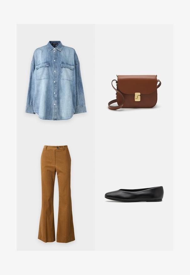 Světle modrá džínová košile s špičatým límcem, předními knoflíky a dvěma kapsami na hrudi. Má dlouhé rukávy a volnější střih.; Hnědé zvonové kalhoty vyrobené z texturované tkaniny, s knoflíkovým zapínáním a jednoduchým designem pasu.; Paul Smith TOPANGA - Klasické baleríny - black; Hnědá kožená kabelka s klopou, zlatými kovovými detaily, ramenním popruhem a hladkým povrchem. Kompaktní obdélníkový tvar.