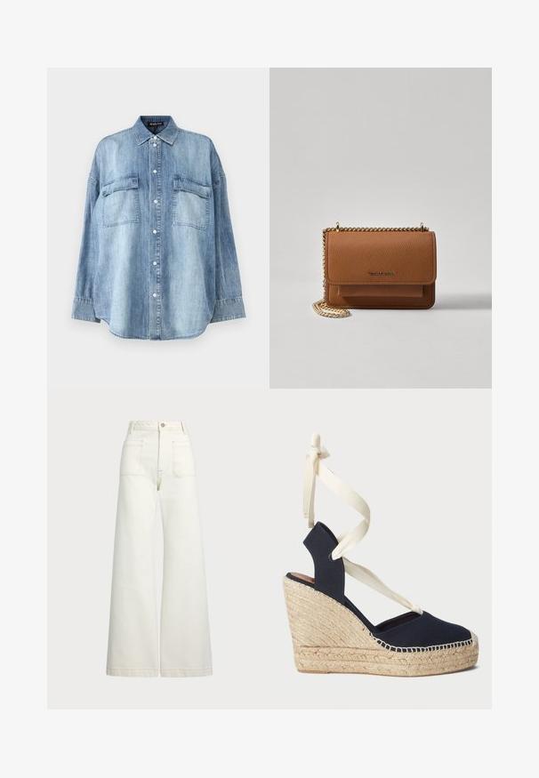 Cămașă din denim de un albastru deschis, cu guler ascuțit, nasturi pe față și două buzunare la piept. Are mâneci lungi și o croială lejeră.; Jeans cu picioare late din denim alb-crem. Design cu talie înaltă, cu închidere prin nasture, două buzunare frontale și detalii cu cusături contrastante.; Sandale pe o platformă din pânză bleumarin cu talpă din sfoară de espadrilă și fundițe crem la glezne. Design cu toc închis și vârf rotund.; Geantă crossbody din piele texturată maro, cu curea din lanț aurit și închidere cu clapetă. Partea din față prezintă detalii cu logo și o buzunar sub clapetă.