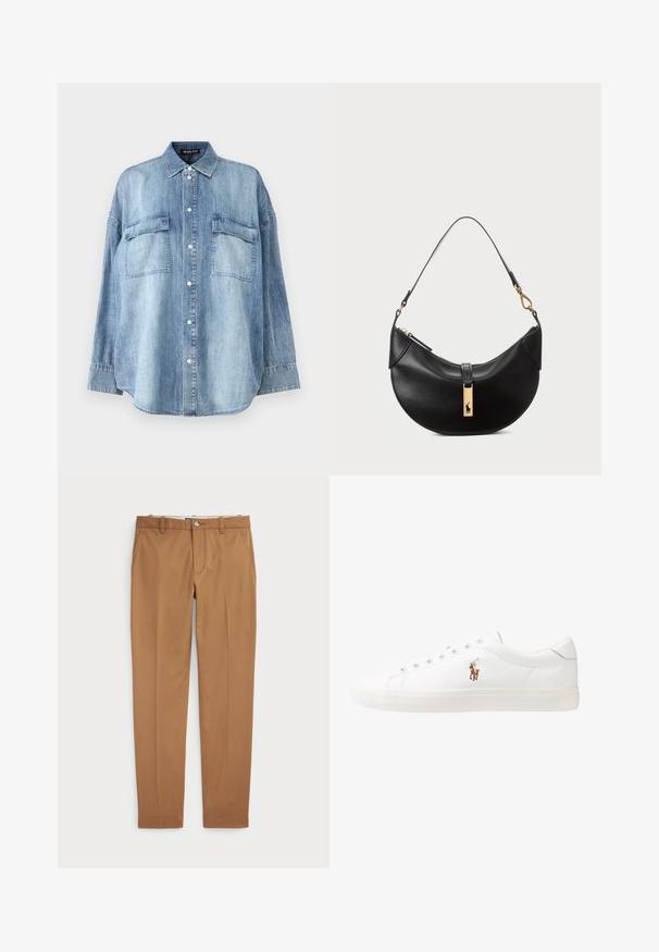 Light blue denim shirt with a pointed collar, front buttons, and two chest pockets. Features long sleeves and a relaxed fit.; Brown cotton trousers with a slim-fit design, flat front, and standard pockets; smooth texture and hemmed cuffs.; White leather sneakers, low-top design, featuring a smooth texture, round toe, laced front, and a small embroidered logo on the side.; Black leather handbag in a half-moon shape. Features a gold hardware accent and a narrow strap. Smooth texture, zipper closure at the top.