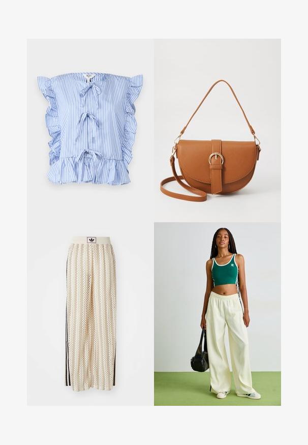 Pasiasta niebiesko-biała bluzka z falbaniastymi rękawami, wiązaniami z przodu i zebranym dołem. Wykonana z lekkiego materiału o miękkiej fakturze.; Kremowe szerokie spodnie w stylu palazzo z wzorem w zygzak, z czarnym paskiem z logo oraz bocznymi czarnymi paskami. Lekki, teksturowany materiał.; Zielony krótki top z białym wykończeniem, połączony z szerokimi, kremowymi spodniami. Modelka trzyma małą czarną torbę. Proste buty sportowe.; Brązowa skórzana torba na ramię o zaokrąglonym kształcie, ze złotymi akcentami i zapięciem w formie klamry. Posiada odpinany pasek na ramię.