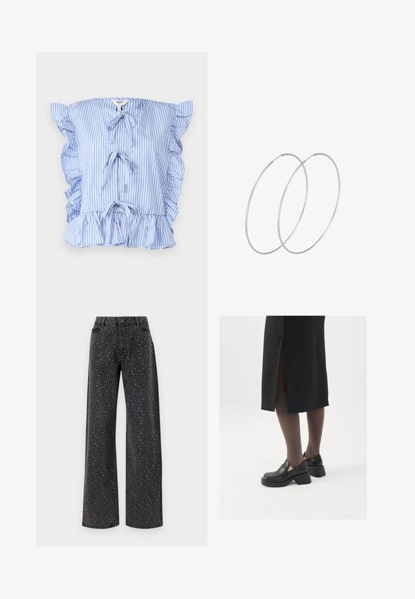 Gestreepte blauw-witte blouse met ruches aan de mouwen, voorste strikken en een geraffineerde zoom. Gemaakt van lichtgewicht stof met een zachte textuur.; Noisy May NMJANNEL LOOSE - Relaxed fit jeans - black denim; Zwarte leren schoenen met een ronde neus, dikke blokhak en elastische zijkanten, gecombineerd met donkere panty's en een zwarte rok met een split.; Zilveren hoepel oorbellen met een minimalistisch ontwerp. Cirkelvormig, gladde textuur en dun profiel. Lichtgewicht met een gepolijste afwerking.