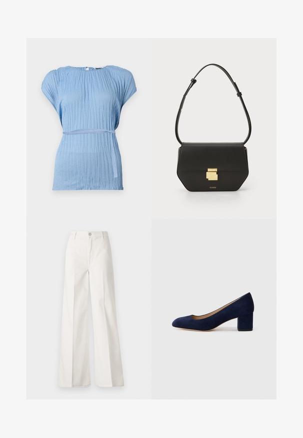 Light blue blouse with a textured, pleated design and short sleeves; features a matching fabric belt around the waist for accentuation.; White wide-leg trousers made from cotton with a smooth texture. Features a front button, zipper fly, and four-pocket design.; Navy blue suede pump with a pointed toe and a mid-height block heel. Smooth texture with a subtle sheen and a small cutout at the front.; CLOSED CLOSED ONE - Cross body bag - black