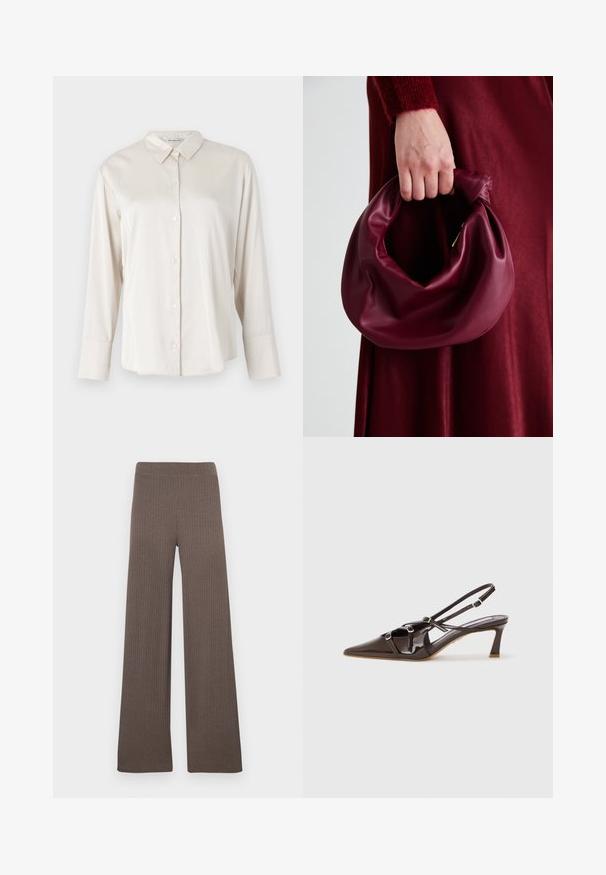 Kerge beež pikakätise särgid, mis on valmistatud siledast kangast. Omab kraed, nööbist suletud esiosa ja lõdva istuvusega mudeleid, millel on mansetiga varrukad.; Laiad pahkluudriga püksid tumepruunis toonis, millel on veniv vöökoht ja pehme, tekstuuriga kangas.; Pruunist lakknahast sandaal-kontsad, millel on terav ninakujuline varvas, reguleeritavad rihmad ja dekoratiivsed kinnitused ees. Kontsa kõrgus 7,5 cm.; Burgundia värvi nahk käekott, millel on pehme, kokku tõmmatav disain ja ümar kuju. Käepide on kindlalt kinnitatud, näidates siledaid pindu.