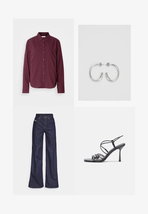 Marc O'Polo CASUAL FIT KENT COLLAR PRINT - Button-down blouse - red black; Dark blue wide-leg jeans in denim fabric with a high waist, featuring orange stitching, five-pocket design, and a button closure.; Black high-heeled sandals feature thin straps with a knotted design, a smooth square toe, and a sleek stiletto heel.; Silver hoop earrings with a smooth, shiny finish. Rounded shape, lightweight design, featuring a post-back closure.