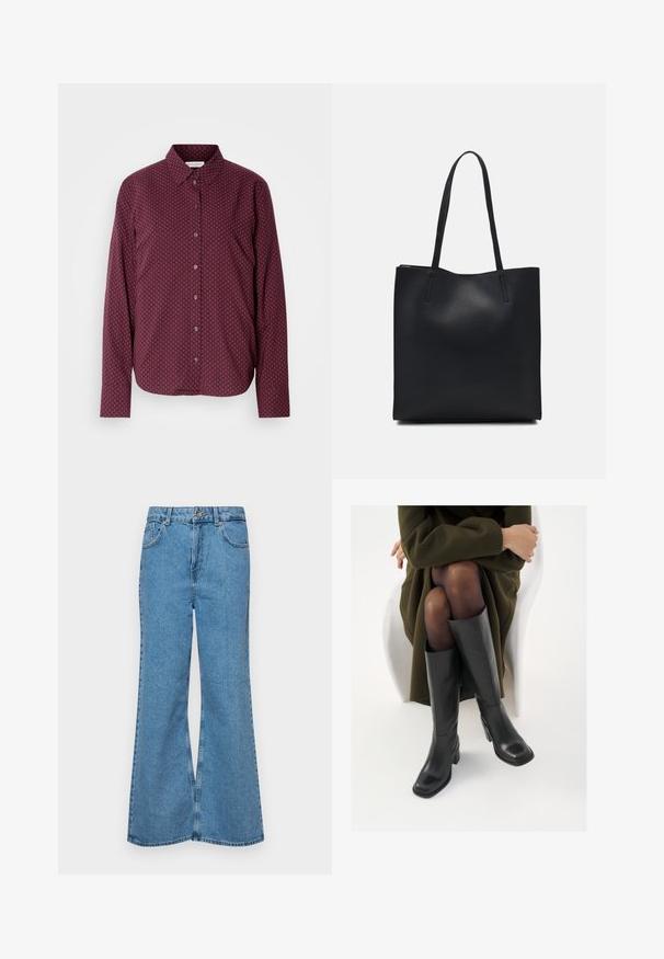 Marc O'Polo CASUAL FIT KENT COLLAR PRINT - Button-down blouse - red black; Light blue flared jeans made of denim, featuring a high waist, five pockets, and a single button closure. Soft texture with faded finish.; Knee-high black leather boots with a squared toe and block heel, shown with a model seated in an olive green coat. Smooth texture, minimal detailing.; Black leather tote bag with smooth texture, rectangular shape, and two long handles. No visible hardware or embellishments.