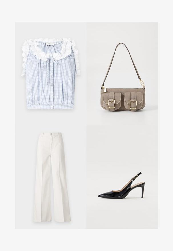 Cropped blouse a quadretti blu e bianchi con colletto in pizzo bianco arricciato, bottoni frontali e un laccio al collo.; Pantaloni bianchi a gamba larga realizzati in cotone con una texture liscia. Presentano un bottone anteriore, una zip e un design a quattro tasche.; Pumps slingback in pelle verniciata nera con punta affilata, tacco sottile e un design con ritagli delicati. Caratterizzate da una fibbia dorata sul cinturino.; Borsa a tracolla beige con texture, cinturino regolabile, due tasche frontali chiuse da fibbie e dettagli in metallo dorato. Chiusura a zip nella parte superiore.