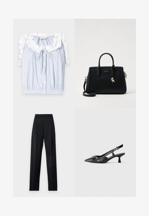 Blue and white gingham cropped blouse with a ruffled white lace collar, front buttons, and a drawstring tie at the neckline.; Black trousers made from smooth fabric featuring a high waist, wide legs, front pleats, and classic belt loops. No side pockets visible.; Black leather slingback shoe with a pointed toe, decorative straps featuring metal eyelets, and a low block heel. Textured surface.; Black leather handbag with structured design, dual top handles, detachable shoulder strap, gold hardware, and a logo charm accent.