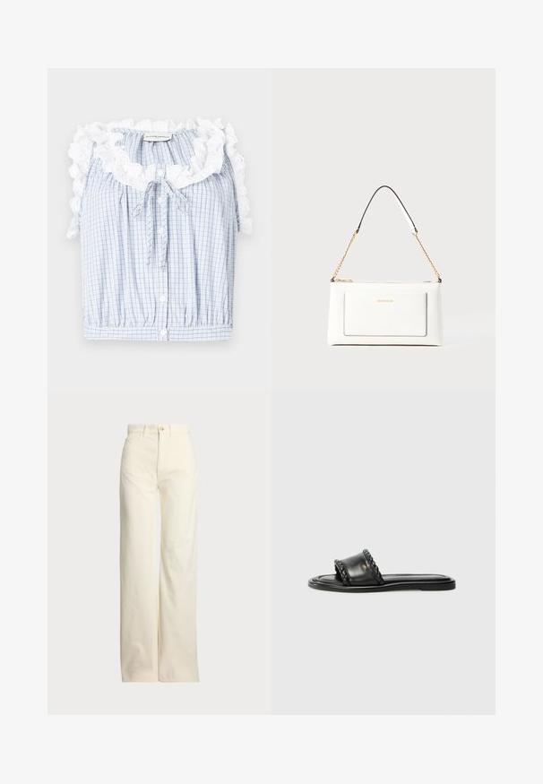 Zila un balta ķekars blūze ar īsu piegriezumu, rotāta ar viļņotu baltu mežģīņu apkakli, priekšējo pogu aizdari un ar šņorējamu saiti ap kaklu.; Polo Ralph Lauren COTTON CORDUROY WIDE-LEG PANT - Auduma bikses - warm white; Melnas ādas sandalītes ar austiem siksnu elementiem, plakana zole un elegants dizains. Gluda tekstūra un minimālistisks profils.; Baltā ādas rokassomu ar teksturētu apdari, ar zelta ķēdes siksnu un melniem akcentiem. Iekļauj priekšējo kabatu un aizdari ar rāvējslēdzēju.