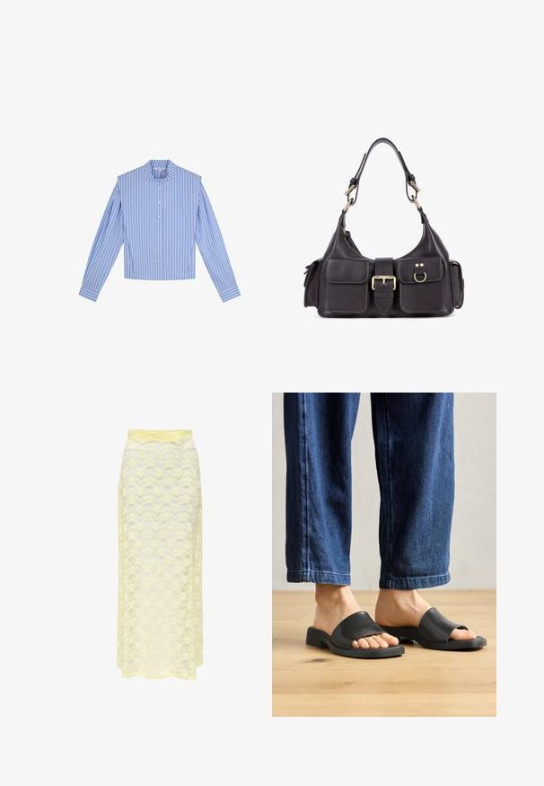 Blå- og hvidstribet langærmet skjorte med rund krave, knapper ned foran og struktureret skuldredesign.; Gul blonde maxiskørt med et bølget mønster, der har en glat talje og blød, gennemsigtig struktur. Designet til en let og svajende silhuet.; Sorte slip-on sandaler lavet af glat materiale, med åben tå og en bred toprem, sat mod mørk denim bukser med lige pasform.; Mørk læderhåndtaske med to frontlommer, en central spænde og hardware i guldtoner. Glat tekstur med en buet silhuet.