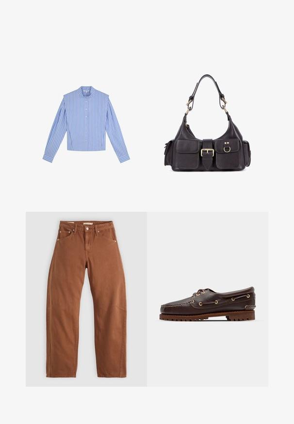 Camicia a maniche lunghe a righe blu e bianche con colletto rotondo, bottoni sulla parte anteriore e design delle spalle strutturato.; Jeans dritti di colore marrone ruggine con tasche anteriori e posteriori, rivetti metallici, chiusura con bottone e passanti per cintura, disposti su uno sfondo bianco.; Scarpa da barca in pelle marrone con occhielli dorati, lacci tondi e una suola in gomma marrone texturizzata. Presenta dettagli cuciti e un logo in rilievo.; Borsa a mano in pelle scura con due tasche frontali, una fibbia centrale e hardware in tono oro. Texture liscia con una silhouette curva.