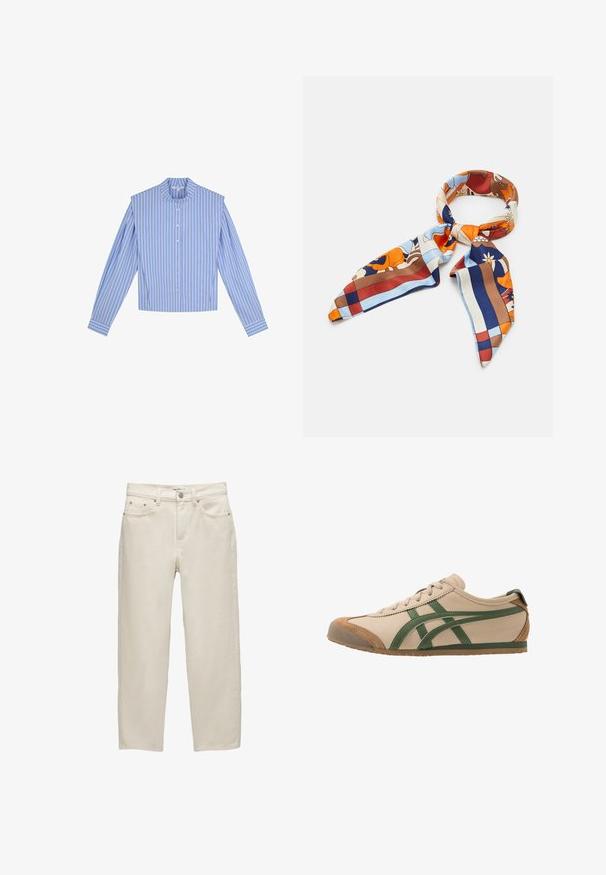 Blå- og hvidstribet langærmet skjorte med rund krave, knapper ned foran og struktureret skuldredesign.; Hvide denim jeans med en afslappet pasform, der har lige ben, fem-lomme design og metal hardware med en subtil tekstur.; Beige lædersneaker med grønne accenter, der har en rund tå, flad sål og ruskindsdetaljer på tåkap og hæl.; Silke scarf med et farverigt blomster- og geometrisk mønster i nuancer af orange, blå, brun og creme. Triangulære ender med en glat tekstur.