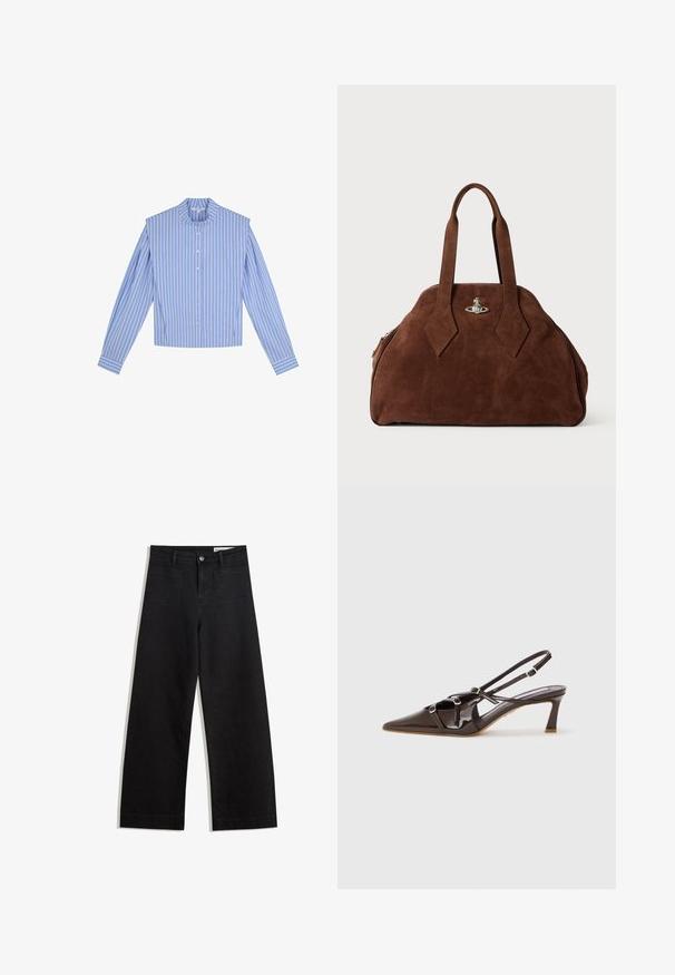 Blauw-wit gestreepte lange mouwen shirt met een ronde kraag, knopen aan de voorkant en een gestructureerd schouderontwerp.; Zwarte denim broek met wijde pijpen en een hoge taille, voorzien van voor- en achterzakken, gestikte naden en een knoopsluiting. Gladde textuur.; Bruine gepatineerde leren slingback hak met een spitze neus, verstelbare straps en decoratieve gespen aan de voorkant. 3-inch hakhoogte.; Bruine suède handtas met een gestructureerde vorm, ronde body en verlengde ruitvormige handvatten. Voorzien van een sluiting met zilveren hardware.