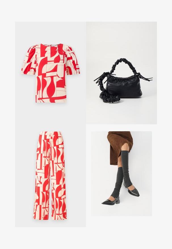 Red and cream short-sleeve blouse with bold geometric print. Features puff sleeves and round neckline, made from a soft fabric.; Red patterned wide-leg pants featuring an elastic waistband, comprised of lightweight fabric with abstract shapes in red and cream.; Black patent leather pointed-toe shoes with a block heel and ankle strap, paired with gray ribbed leg warmers and a brown suede skirt.; Black faux leather handbag with a crocodile texture, cinched top, and a scrunched strap. Appears soft and compact in design.