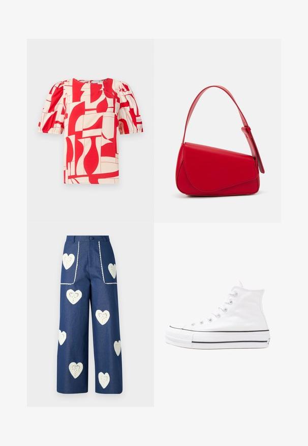 Blusa corta a maniche corte rossa e crema con audace stampa geometrica. Presenta maniche a sbuffo e scollo rotondo, realizzata in un tessuto morbido.; Sister Jane HEART TO HEART - Jeans a sigaretta - blue denim; Sneaker alta in tela bianca con suola in gomma nera, punta in gomma frontale e sei asole per i lacci, caratterizzata da un design pulito e minimalista.; Borsa a tracolla in pelle rossa con un design angolare e geometrico. Presenta una singola tracolla regolabile e una chiusura a patta con dettagli cuciti.