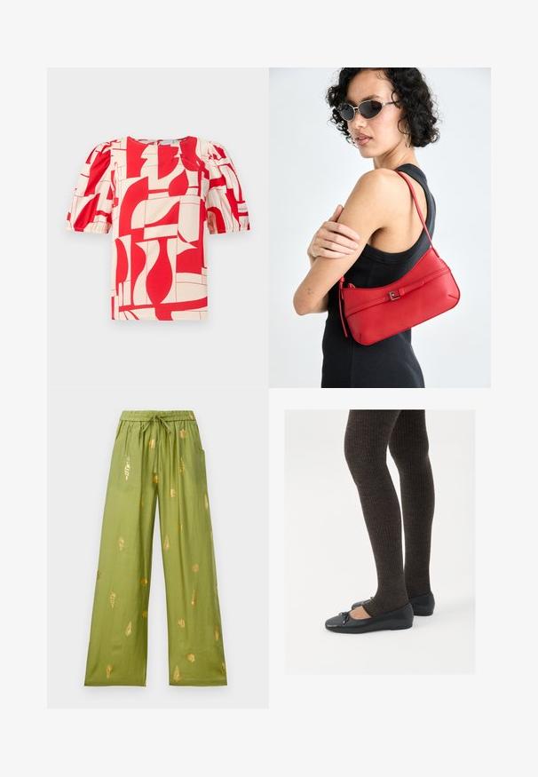 Red and cream short-sleeve blouse with bold geometric print. Features puff sleeves and round neckline, made from a soft fabric.; Wide-leg olive green pants with elastic waistband and drawstring, decorated with gold seashell and conch patterns.; Black flat shoes with a small bow detail at the toe, paired with dark brown ribbed tights. Shoes have a smooth texture and low profile.; Red leather shoulder bag with a smooth texture, curved design, and a decorative buckle accent. Adjustable strap and zip closure.