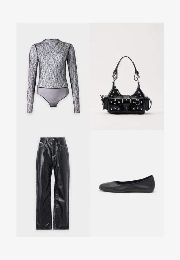 Fekete, hosszú ujjú body áttetsző csipkéből, virágmintával. Magas nyakkivágással rendelkezik, a széleken és az alján kontrasztos fekete szegéllyel.; Fekete műbőr nadrág széles lábbetéttel, fehér varrással, elülső zsebekkel és arany gombbal a derekán.; Fekete bőr balettcipő lekerekített orral, sima tekstúrával, minimális varrással és rugalmas talp kialakítással.; Fekete bőr kézitáska ívelt designnal, ezüst szegecsekkel, csattal és két oldalsó zsebbel. Állítható vállpánt a hordozási lehetőségekhez.