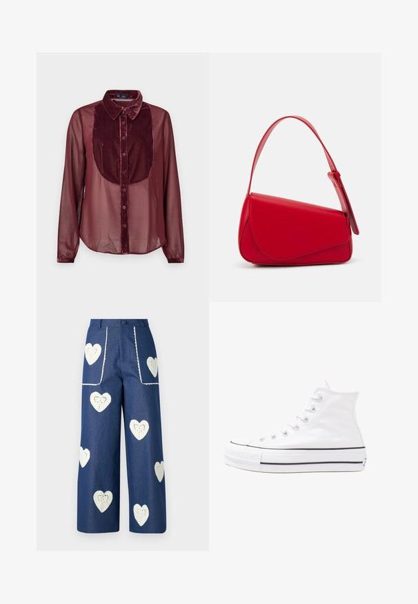 Bordeaux väike särk, millel on sametist esipaneel ja läbipaistev pikkade varrukatega. Omab kraepaneeli, nööpide sulgemist ja pehmet tekstuuri.; Sister Jane HEART TO HEART - Sirgete säärtega teksad - blue denim; Valge kõrgem kangast tenniseking, millel on must kummist tald, ees kummist varvasetugi ja kuus aukku paelte jaoks, pakkudes puhta ja minimalistliku disaini.; Punane nahast käekott, millel on nurkadega geomeetriline disain. Omab ühte reguleeritavat rihma ja klappidega sulgemist, millel on õmblustega kaunistused.