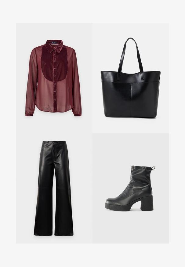 Maroon shirt with a velvet front panel and sheer long sleeves. Features a collared neck, button closure, and soft texture.; Black high-waist wide-leg faux leather pants with front button, zip closure, belt loops, and side pockets on white background.; Black ankle boots made of smooth leather, featuring a side zipper, chunky textured heel, and rounded toe design.; Black leather tote bag with two long handles, a smooth texture, and a structured shape. Features a front pocket for additional storage.