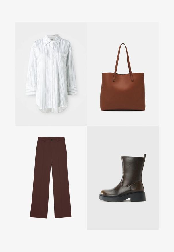 White long-sleeve button-up shirt with thin black vertical stripes, a left chest pocket, and a pointed collar.; Wide-leg trousers in a rich brown fabric. Features a button closure, two front pockets, smooth texture, and clean lines.; Dark brown mid-calf leather boot with a rounded toe, thick black sole, low block heel, and pull tab at the back.; Brown leather tote bag with a smooth texture, open top design, and two shoulder straps. Features minimal stitching and no visible hardware.