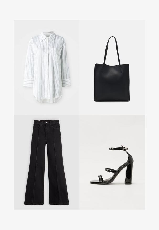 Fehér, hosszú ujjú, gombos ing vékony fekete függőleges csíkokkal, bal oldali zsebével és hegyes gallérral.; Fekete, magas derekú, bő szabású farmernadrág elülső varrással, gombos záródással, övhurkokkal és elülső zsebekkel, sima világos háttér előtt.; Fekete lakk magas sarkú szandál négyzet alakú orral, bokapántokkal és ezüst csatokat tartalmaz. Masszív blokk sarka a stabilitásért felel.; Fekete bőrtáska sima felszínnel, téglalap alakú, két hosszú füllel. Nincs látható fémkiegészítő vagy díszítés.
