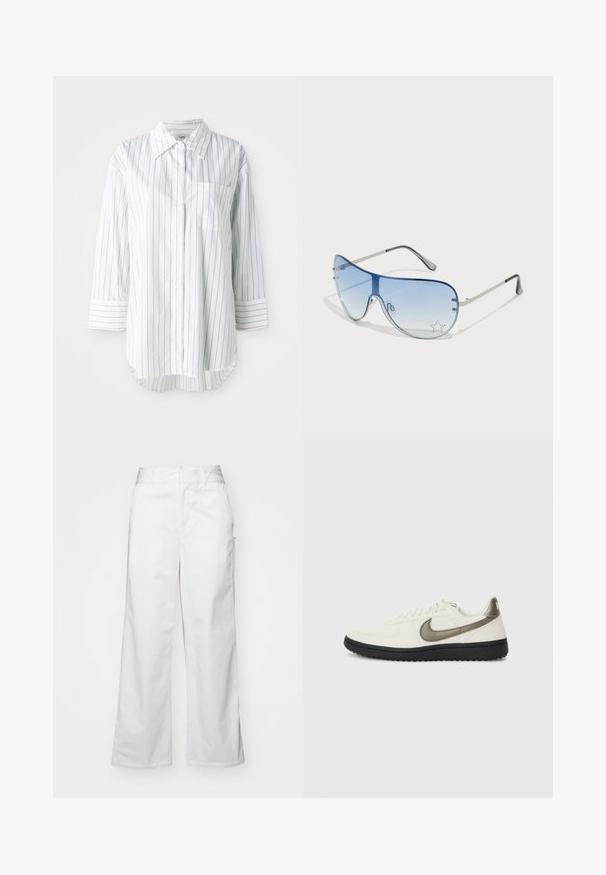 Weißes Langarm-Hemd mit Knopfleiste und dünnen schwarzen vertikalen Streifen, einer Brusttasche auf der linken Seite und einem spitzen Kragen.; Weiße, weit geschnittene Hosen aus Baumwolle mit glatter Textur, geradem Schnitt, seitlichen Taschen und einem sauberen Saum.; Nike Sportswear FIELD GENERAL - Sneaker low - off-white/black; Flugzeugbrille mit einem verlaufenden blauen Glase, silbernem Metallrahmen und dekorativen Sternelementen auf dem Glas. Glattes und elegantes Design.