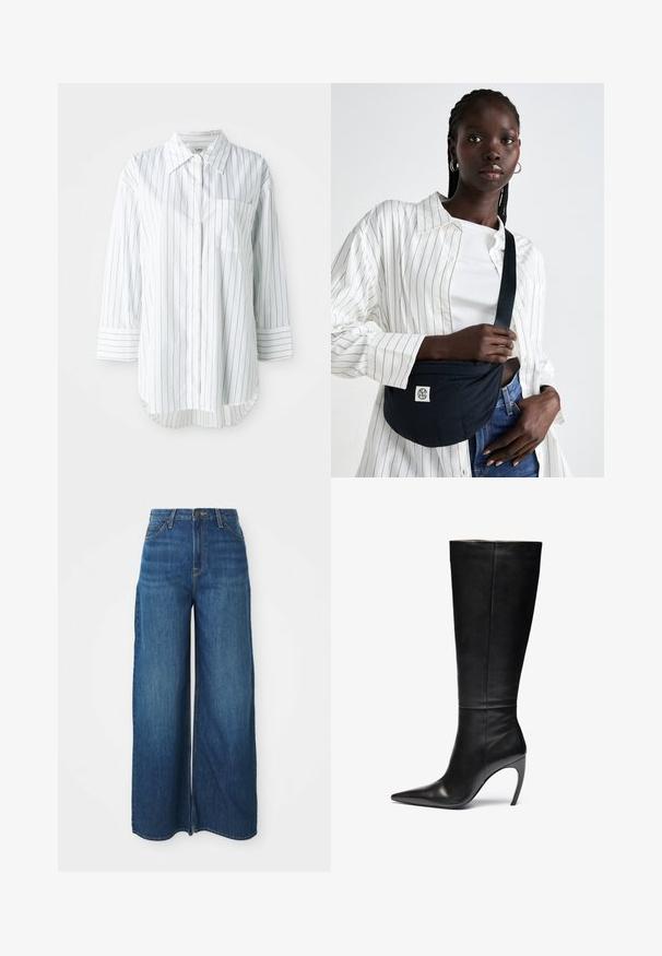 Vit långärmad skjorta med knappar och tunna svarta vertikala ränder, en ficka på vänster bröst och spetsig krage.; Höga byxor med vida ben i blå denim, med framfickor, bältesöggor, knappstängning och synlig sömnad på vit bakgrund.; Svart läder knähöga stövlar med spetsig tå och hög stilettklack; slät, jämn textur med subtila sömmar och utan synlig hårdvara.; Svart crossbody-väska med quiltat mönster och logotyp. Bärs tillsammans med en vit randig skjorta över en åtsittande vit topp och denimjeans.