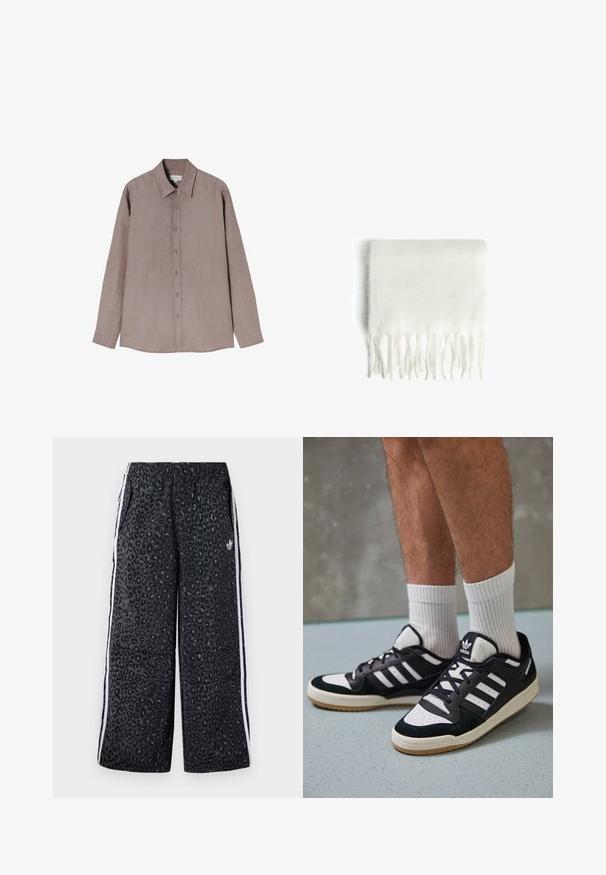 Košulja dugih rukava u prigušenoj smeđoj nijansi, izrađena od teksturiranog materijala. Ima ovratnik i dugmiće na prednjem dijelu, te sive gumbe.; adidas Originals GRAPHIC UNISEX - Donji dijelovi trenirke - black; Crne i bijele tenisice s gornjim dijelom od antilopa i kože, s tri bijele pruge, perforiranim prstom i gumiranim potplatom.; Bijela fleece šal s resastim rubovima, meke teksture i pravokutnog oblika. Pogodan za slojevito nošenje i pružanje topline.