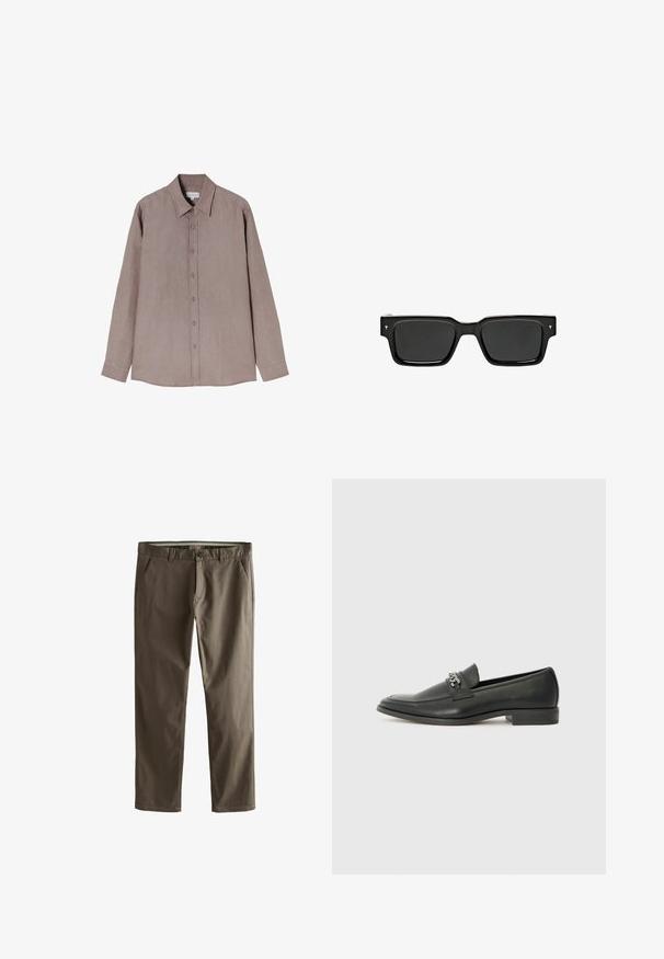 Camicia a maniche lunghe in una tonalità marrone tenue, realizzata in un tessuto testurizzato. Presenta un colletto e una chiusura frontale con bottoni grigi.; Chino in cotone marrone con design a gamba dritta, tasche frontali e chiusura con bottone. Presentano una consistenza liscia e linee pulite.; Mocassino in pelle nera con finitura liscia, caratterizzato da un design cucito e da un accento decorativo in catena metallica sul vamp. Tacco piatto.; Occhiali da sole rettangolari neri con lenti scure, montatura in plastica lucida e piccoli dettagli firmati sulle tempie. Profilo piatto e angoli netti.