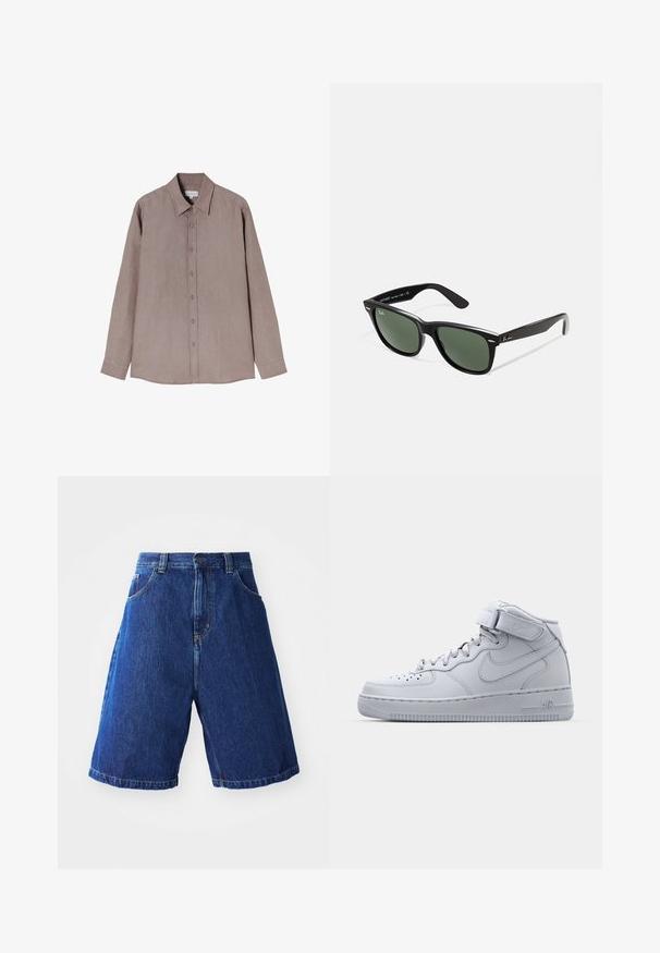 Langærmet skjorte i en dæmpet brun nuance, lavet af tekstureret stof. Har en krave og en knaplukning foran med grå knapper.; Denimshorts med en blå vask, med en høj talje, to forlommer og gul syning langs sømmene.; Højtop grå Nike Air Force 1 sneakers med læderoverdel, polstret krave og en velcro-rem. Ikonisk design med perforeret tåboks.; Sorte plastiksolkaber med grønne linser, firkantede stel, sølvaccent på brynene og teksturerede templede arme. Angivet mærke på den indre arm.