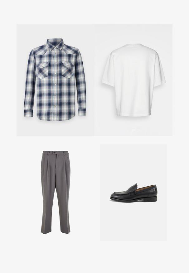 Langarm geruite shirt met een blauw-witte ruitpatroon, twee borstzakken en een knoopsluiting aan de voorkant met zilveren hardware accenten.; Witte t-shirt met korte mouwen, losse fit, ronde halslijn, gladde katoenen stof, ongeversierde achterkant, rechte zoom, geen patronen of accenten.; Grijze geplooide broek van gladde stof, met een rechte snit, een enkele knoopsluiting en riemlussen. Minimalistisch ontwerp.; Zwarte leren loafers met een gladde afwerking, ronde neus en decoratieve stiksels op de wreef. Lage gestapelde hak en een lichte glans.