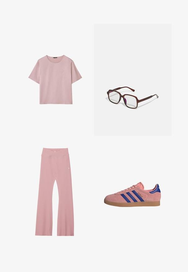 Calliope Camicetta - rosa cipria; Leggings a coste rosa chiaro con vita alta, dotate di un design incrociato e cuciture rinforzate lungo le gambe per maggiore durata.; Sneaker in suede rosa con dettagli in pelle blu, tre strisce blu e suola in gomma cremoso. Progettato con punta rotonda e lacci davanti.; Occhiali rettangolari marroni con lenti trasparenti e tonalità viola. Montatura in plastica liscia con stanghette dritte e accenti sottili.