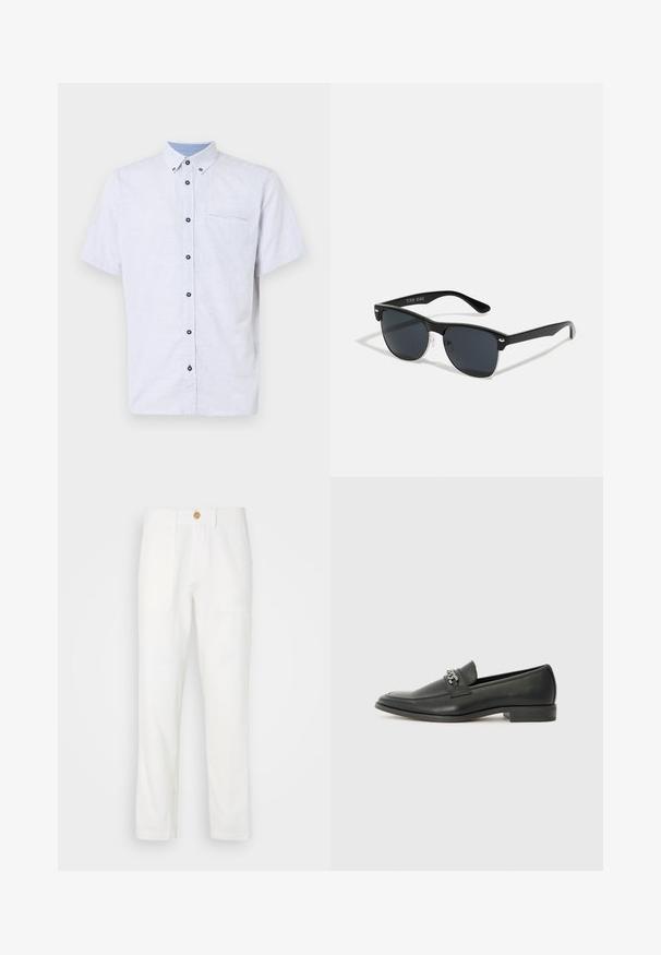 Kratki rukavi košulja s gumbima u bijeloj boji s tamnoplavim geometrijskim uzorkom, kontrastnim kragnom i jednom džepom na prsima s crnim gumbima.; Bijele hlače od tkanine ravnog kroja, s dva prednja džepa i kopčanjem na dugme. Glatka tekstura i jednostavan dizajn.; Crna kožna loafer cipela s glatkom finišem, s ušivenim uzorkom i dekorativnim metalnim lancem preko prednjeg dijela. Ravni potplat.; Crne sunčane naočale pravokutnog oblika, tamne leće, srebrni detalji na sljepoočnicama i matirajuća završna obrada okvira.