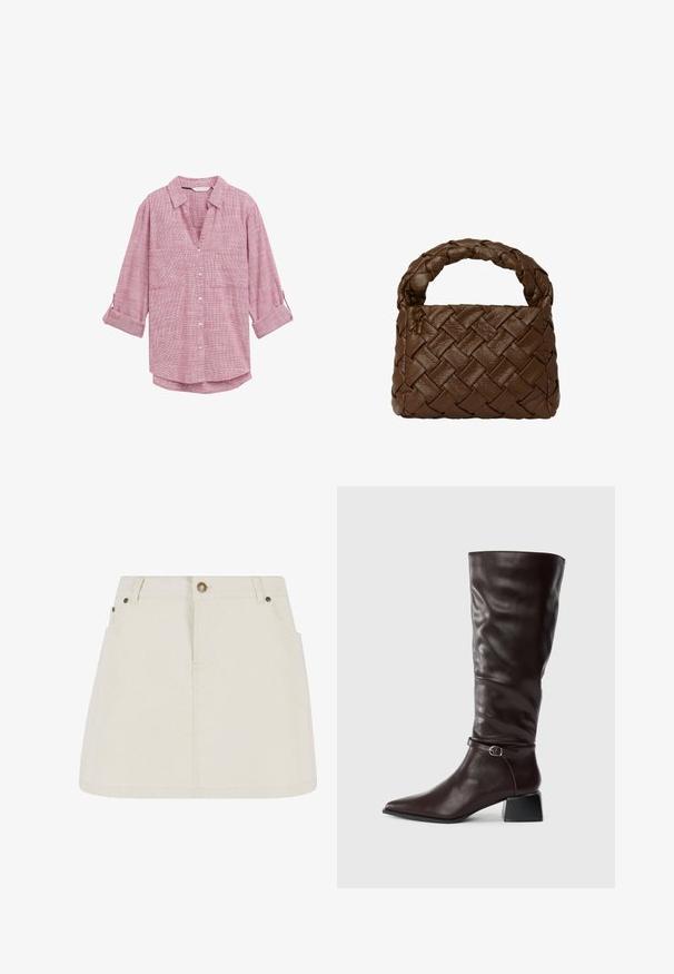 Chemise à manches longues à carreaux rouges et blancs, avec un col en V et deux poches avant, fabriquée en tissu léger.; Mini jupe en denim de couleur beige clair, dotée d'une taille haute, de deux poches avant et d'accents en bouton bronze. Texture lisse et design simple.; Botte en cuir marron foncé, haute, à bout pointu, avec une petite sangle à boucle autour de la cheville et un petit talon carré sur fond blanc.; Sac à main en cuir tressé marron avec une poignée tressée, en forme rectangulaire, surface texturée et construction sans couture.