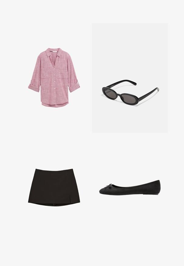 Red and white checked button-up shirt with long sleeves, featuring a V-neck and two front pockets, made of lightweight fabric.; Black mini skirt made from smooth fabric, featuring a straight design with side slits and a clean hem. Simple and versatile.; Black suede ballet flats with a rounded toe, featuring a decorative bow on the front and a flat sole design. Smooth texture and classic shape.; Even&Odd Sunglasses - black; White leather handbag with gold hardware, featuring a flap closure and a detachable, adjustable strap. Rounded metal accent in center.; Singularu DROP - Earrings - gold-coloured