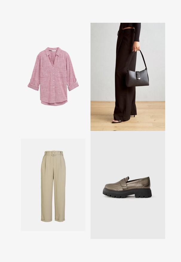 Cămașă cu carouri roșii și albe, cu mâneci lungi, cu decolteu în V și două buzunare în față, confecționată dintr-un material ușor.; Pantaloni bej, cu talie înaltă, cu un design cu picioare largi, caracterizați prin pliseuri, o curea asortată cu o cataramă rectangulară și tivuri cu manșete.; Loafers din piele metalizată de culoare verde măslinie, cu vârful rotunjit, talpă din cauciuc negru gros și detalii minime de cusătură pe partea superioară.; Genți negre cu o formă structurată, textură netedă și un închizător metalic. Asortată cu pantaloni negri largi și sandale cu vârf deschis pe un podea din lemn.