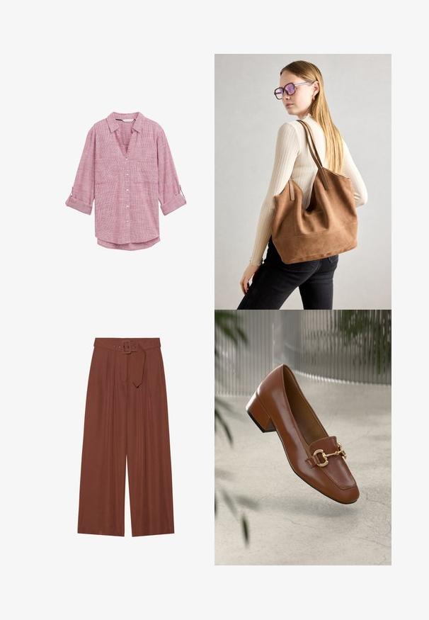 Rød- og hvidternet skjorte med lange ærmer, med V-hals og to frontlommer, lavet af letvægtsstof.; Løse bukser i brunt stof, med et bælte med firkantet spænde, plisseret design og glat overflade.; Brun patentlæder loafers med firkantet tå, metallisk kædeaccent og lav blokhæl; glat tekstur, minimalistisk design.; Brun ruskind tote taske med blød tekstur, stor åbning og lange stropper. Har et enkelt design med synlige syninger og ingen hardware.