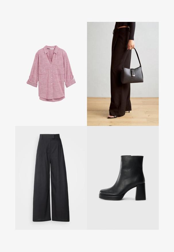 Sarkana un balta raibā pārbaudē pogājamā krekls ar garām piedurknēm, ar V veida kakla izgriezumu un divām priekšējām kabatām, izgatavots no viegla auduma.; Tumši, plataji svārki ar strukturētu jostas daļu un krokām. Izgatavoti no viegla auduma, ar gludu tekstūru un bez redzamām rakstu zīmēm.; Melna ādas potīšu zābaku ar bloku papēdi un platformas zoli, skatīts no sāna uz vienkārša balta fona.; Melnā somiņa ar strukturētu formu, gludu tekstūru un metālu sprādzi. Saskaņota ar platām melnām biksēm un sandālēm ar atvērtu purngalu uz koka grīdas.