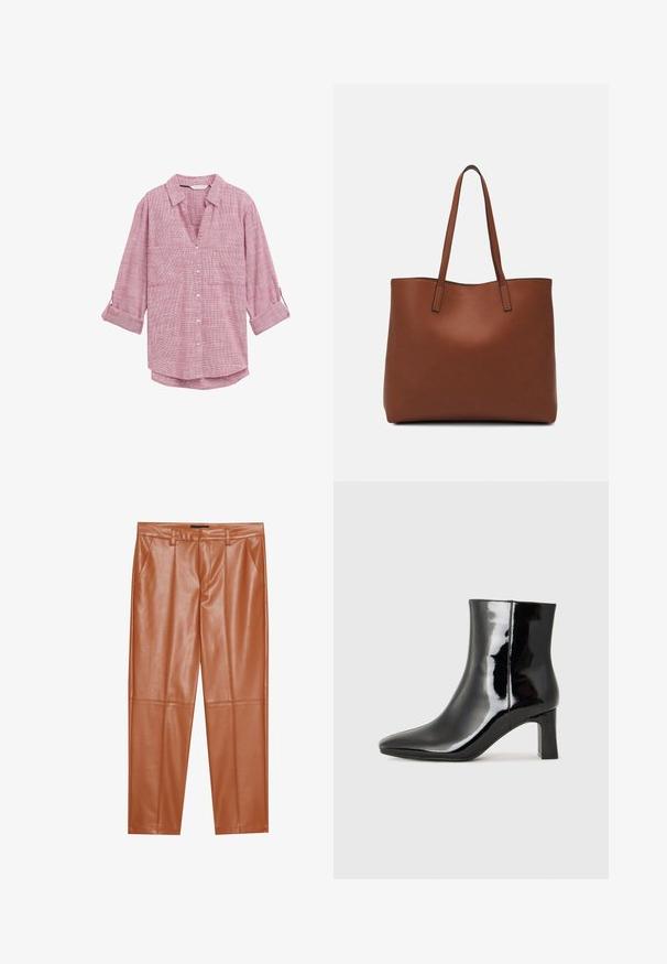 Rood-wit geruite blouse met lange mouwen, voorzien van een V-hals en twee voorzakken, gemaakt van lichtgewicht stof.; Bruine faux leren broeken met een op maat gemaakte pasvorm, voorzien van voorplooien en rechte pijpen. Gladde textuur zonder zichtbare hardware of accenten.; Zwarte gepolijste leren enkellaars met een spitse neus en een blokhak van gemiddelde hoogte. Glad textuur en minimalistisch ontwerp.; Bruine leren tote bag met een gladde textuur, een ontwerp met een open bovenkant en twee schouderbanden. Kenmerkt zich door minimale stiksels en geen zichtbare hardware.