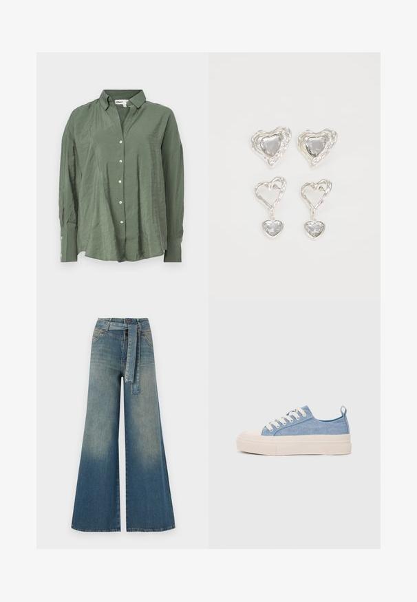 Green, collared button-up shirt in lightweight fabric with a slightly wrinkled texture. Features long sleeves and white buttons down the front.; Wide-leg denim trousers featuring a light to dark blue gradient, high waist, belt loops, and a matching fabric belt. Textured denim finish.; Light blue canvas sneakers with a cream rubber toe cap and outsole, featuring white laces and a pull tab on the heel.; Silver heart-shaped earrings feature faceted clear stones, with a textured frame. The set includes stud and drop styles.
