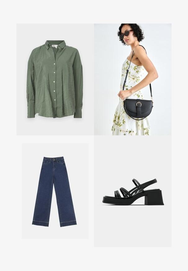 Grønn, krageknappet skjorte i lett stoff med en litt rynket tekstur. Har lange ermer og hvite knapper foran.; Videbenede dressbukser i mørkeblå denim. Har fem lommer, beltestropper og en rå kant i bunden med synlige stikninger.; Sorte hælede sandaler med flere tynde stropper og en bred blokhæl. Slank design med en mat tekstur. Sål har en let kurve.; Svart lærveske med en buet form, avtagbar stropp og gullbeslag. Vesken har et klaff med spenne-detall.