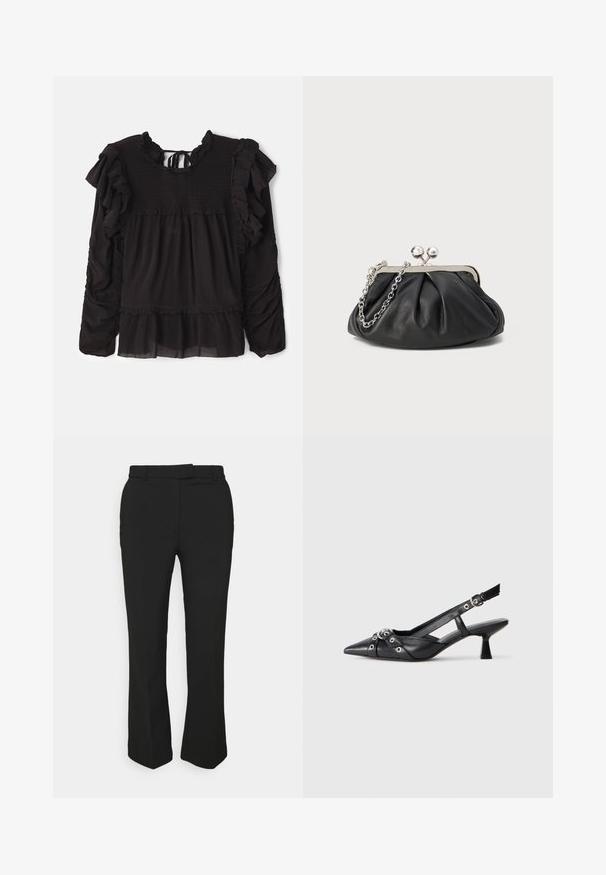 Juoda bluzonė su raukiniais, smocko tekstūra prie krūtinės, ilgomis rankovėmis ir lygiu sijonu su permatomu audiniu.; Juodos pritaikytos kelnės su tiesiomis kojomis, su diržo kilpos ir šoninėmis kišenėmis. Pagamintos iš lygios medžiagos su švariu apdailu.; Juodas odinis slingback tipo batai su smailiu priekiniu atvartu, dekoratyvinėmis sagtimis su metaliniais akyčiais ir žemu blokiniu kulnu. Saldus paviršius.; Juodas odinis delninukas su susiraukusiu tekstūru, sidabrinės spalvos metalo rėmas, uždaromas užsukamu užtrauktuku bei grandinėlės dirželis. Lygus, minkštas paviršius.