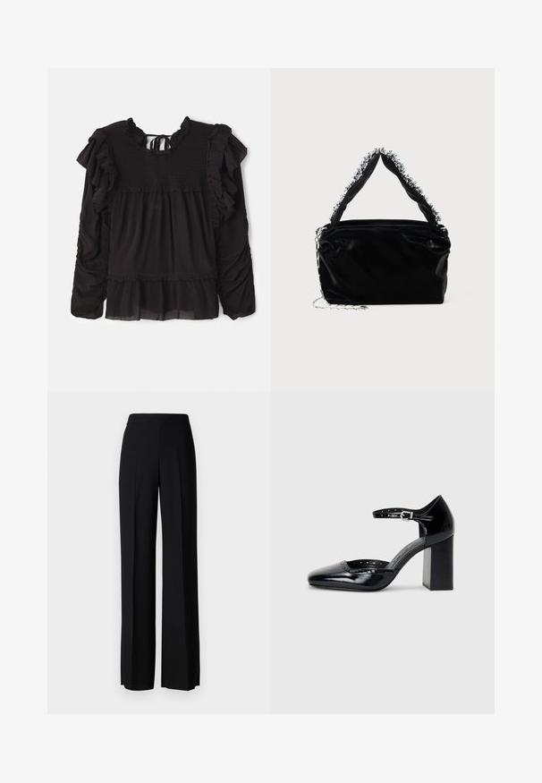 Schwarze Bluse mit Rüschendetails, gerafftem Stoff am Oberteil, langen Ärmeln und einem gestuften Saum mit transparenten Stoffelementen.; Schwarze weite Hosen mit einer glatten Textur, ausgestattet mit einem hohen Bund und mittleren Falten. Keine sichtbaren Muster oder Hardware-Details.; Schwarze patentierte Leder-High Heels mit quadratischer Zehenform, Knöchelriemchen und dicker Absatz. Enthält durchbrochene Details entlang des Randes.; Schwarze Handtasche aus Kunstleder mit strukturiertem Finish, ausgestattet mit einem mit Perlen verzierten silbernen Akzent am oberen Griff und einem Kettenriemen.