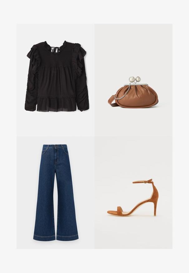 Černá blůza s volány, smockovanou texturou v těle, dlouhými rukávy a stupňovitým lemem s průhledným detailem.; Široké modré džíny s vysokým pasem, se zapínáním na knoflík, poutky na opasek a jemnými stehy podél kapes a lemů.; Hnědé semišové sandály na vysokém podpatku s tenkým kotníkovým páskem se zlatou přezkou, otevřenou špičkou a elegantním, minimalistickým designem.; Hnědá kožená psaníčko s stříbrným kulatým uzávěrem a malým stříbrným řetízkem na bílém pozadí.